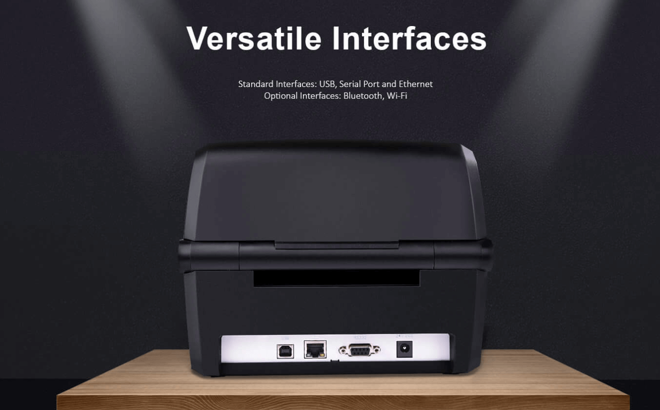 Back view of a viivakooditulostin showing multiple interface ports like USB, Serial, and Ethernet.